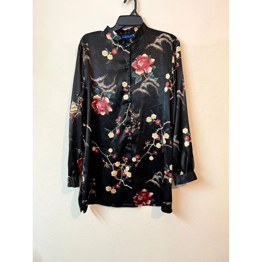 Karen Scott Silky Button-Up Large Floral Dark